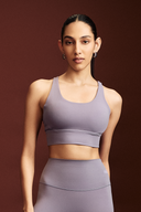Amethyst cross back bra designed for comfort, support, and everyday workouts