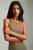 Back view of the Mocha cropped tank top with a sleek athletic fit
