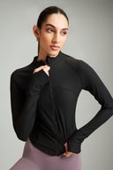Black OnTheGo gym jacket with a sleek fit for women's activewear