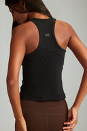 Black tank top for women with a fitted silhouette for gym training