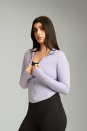 Front view of the Light Purple OnTheGo workout jacket for women
