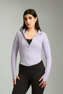 Light purple workout jacket for women with a sleek athletic fit