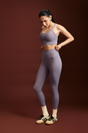 Mile Collective amethyst gym leggings, full-length front view showing high-rise waistband