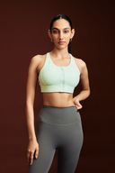 Mint LevelUp zipper sports bra designed for support, comfort, and active training