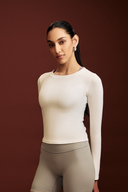 White fitted full sleeve gym top with a sleek athletic design