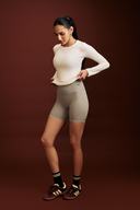 Women wearing Rhino Gray OnTheGo gym shorts with a supportive and flattering fit